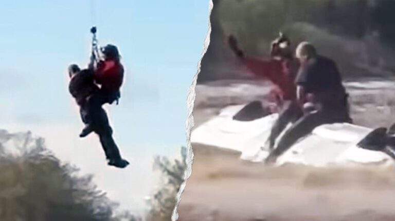 Rescatan en helicóptero a hombre atrapado en camión volcado por inundaciones en Arizona